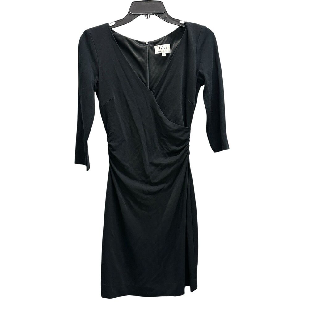 David Meister Black Midi Dress Faux Wrap V-Neck 3/4 Slv Lined Career Dress Sz 2